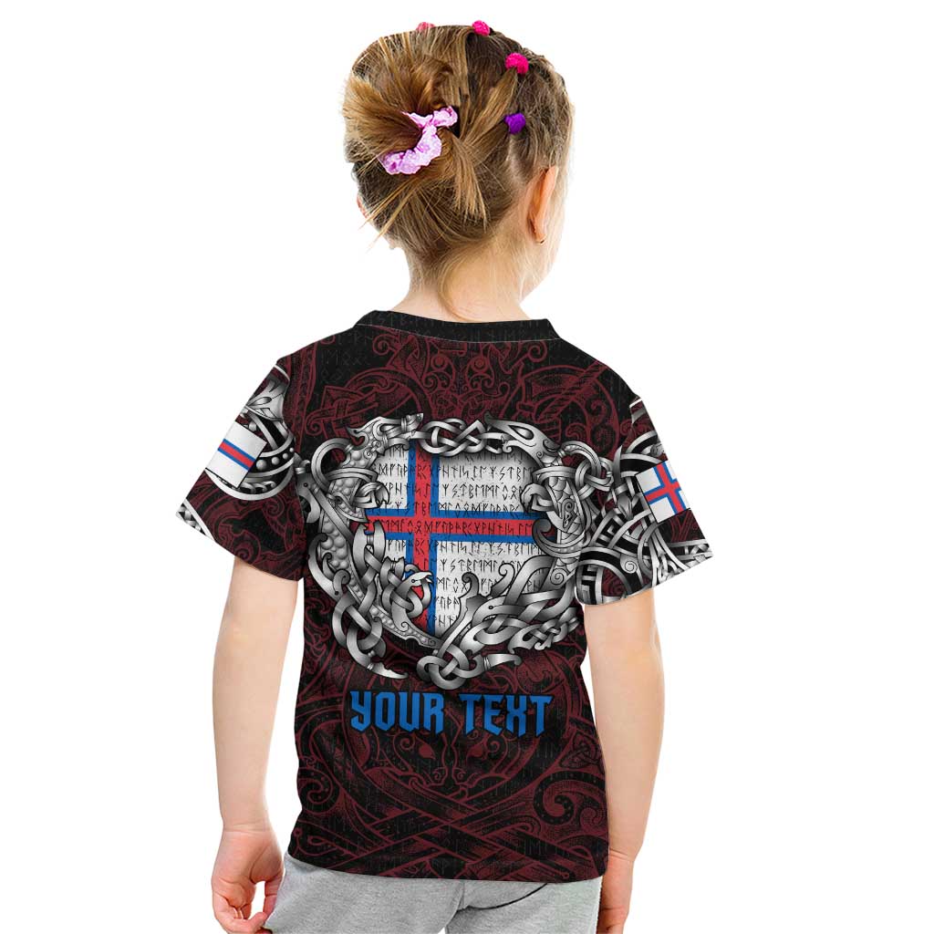 Personalized Faroe Islands Viking Blood Kid T Shirt Nordic Runes and Shield of Ancestry in Tribal Knotwork