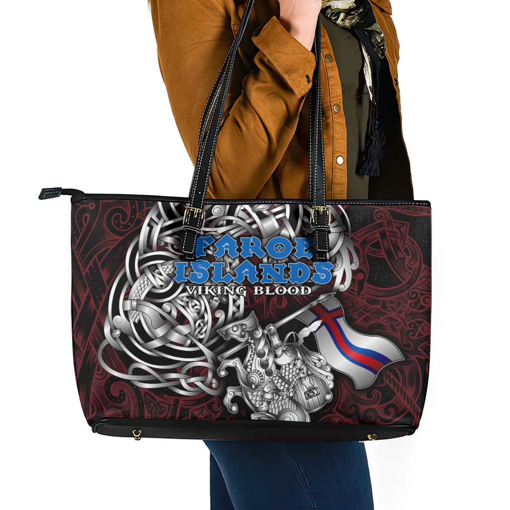 Faroe Islands Viking Blood Leather Tote Bag Nordic Runes and Shield of Ancestry in Tribal Knotwork