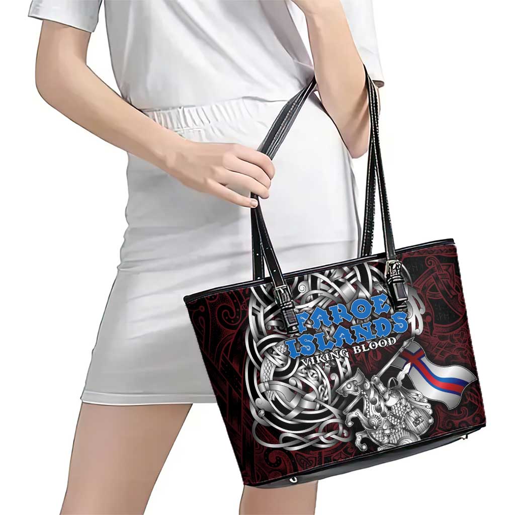 Faroe Islands Viking Blood Leather Tote Bag Nordic Runes and Shield of Ancestry in Tribal Knotwork
