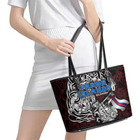 Faroe Islands Viking Blood Leather Tote Bag Nordic Runes and Shield of Ancestry in Tribal Knotwork
