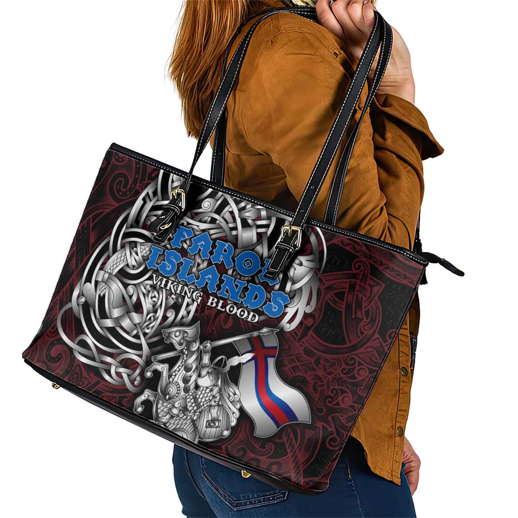 Faroe Islands Viking Blood Leather Tote Bag Nordic Runes and Shield of Ancestry in Tribal Knotwork