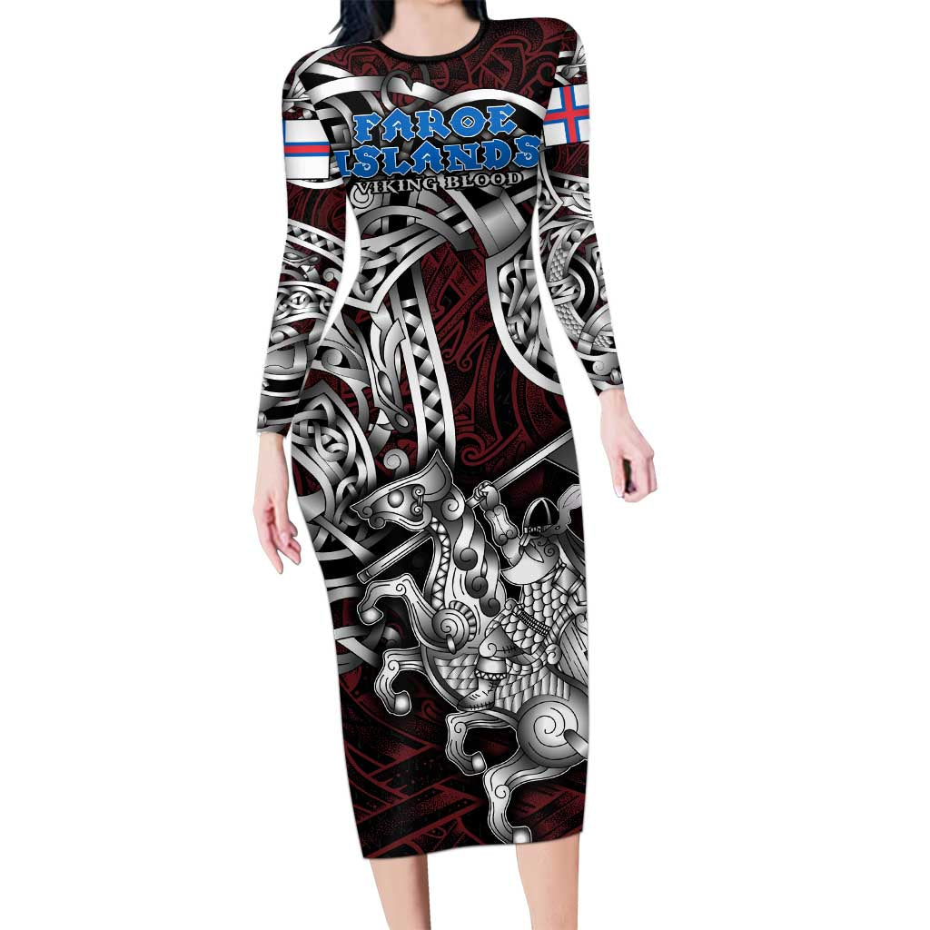 Personalized Faroe Islands Viking Blood Long Sleeve Bodycon Dress Nordic Runes and Shield of Ancestry in Tribal Knotwork