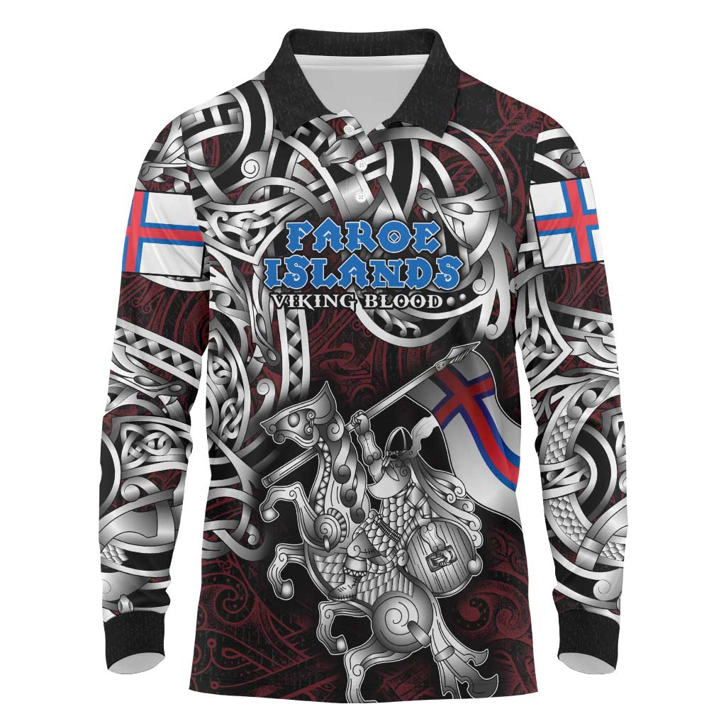Personalized Faroe Islands Viking Blood Long Sleeve Polo Shirt Nordic Runes and Shield of Ancestry in Tribal Knotwork