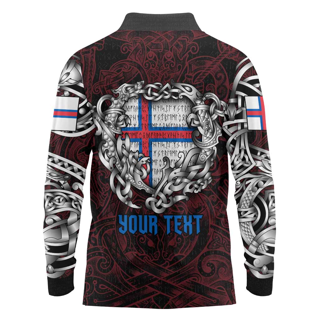 Personalized Faroe Islands Viking Blood Long Sleeve Polo Shirt Nordic Runes and Shield of Ancestry in Tribal Knotwork