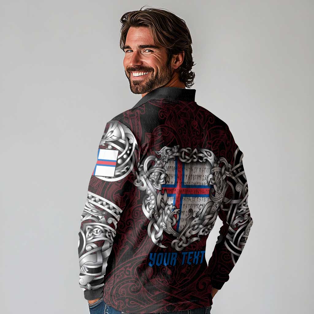 Personalized Faroe Islands Viking Blood Long Sleeve Polo Shirt Nordic Runes and Shield of Ancestry in Tribal Knotwork