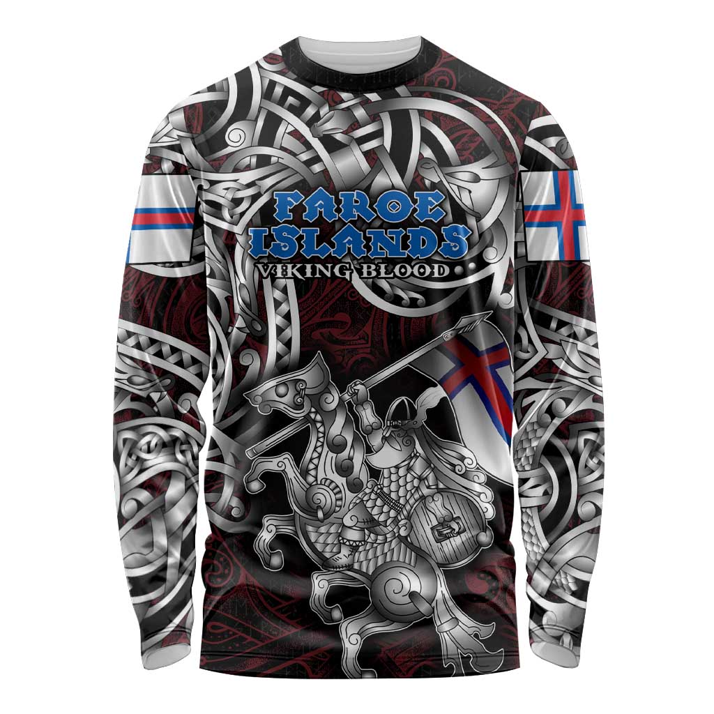 Personalized Faroe Islands Viking Blood Long Sleeve Shirt Nordic Runes and Shield of Ancestry in Tribal Knotwork