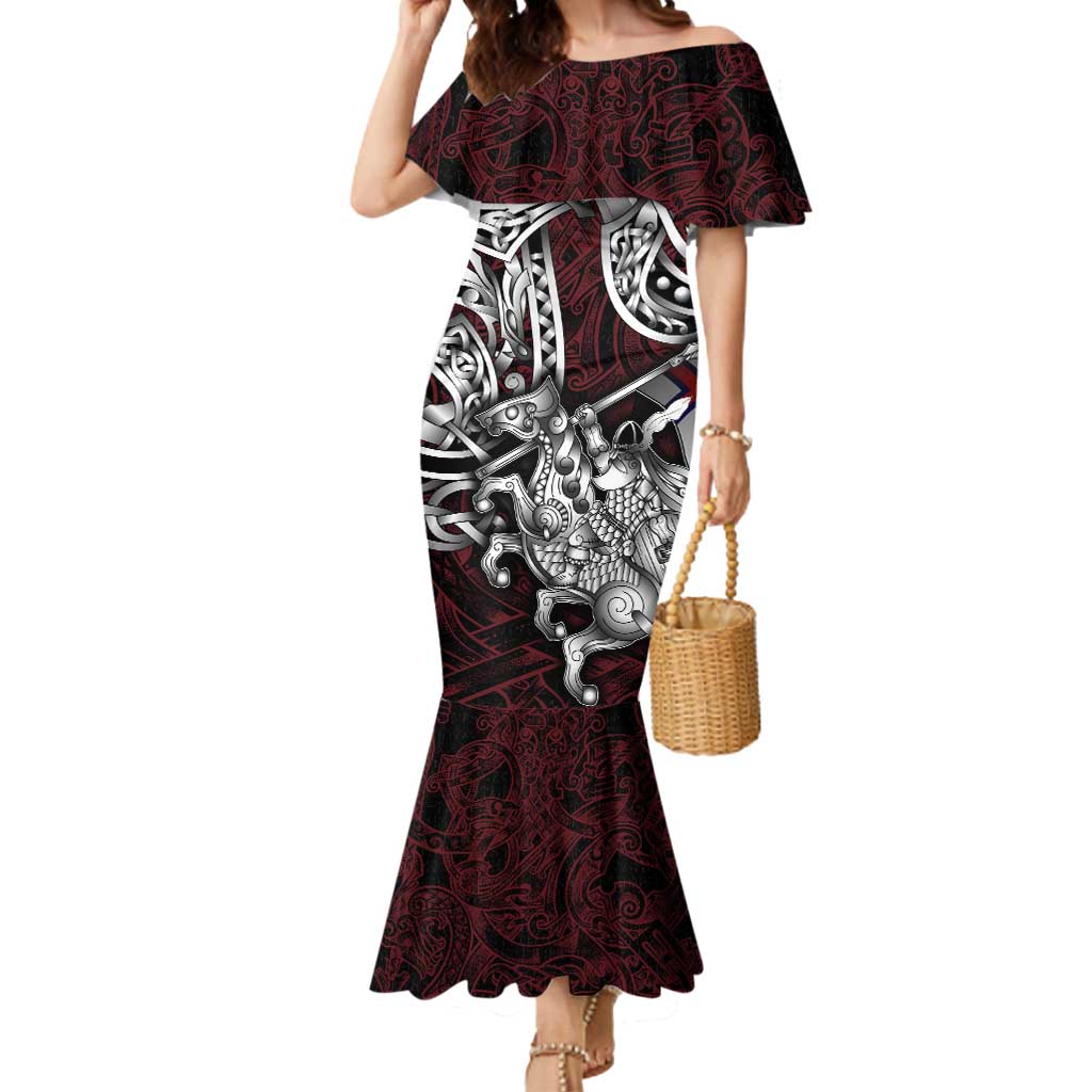Personalized Faroe Islands Viking Blood Mermaid Dress Nordic Runes and Shield of Ancestry in Tribal Knotwork