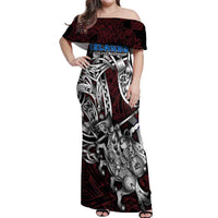 Personalized Faroe Islands Viking Blood Off Shoulder Maxi Dress Nordic Runes and Shield of Ancestry in Tribal Knotwork