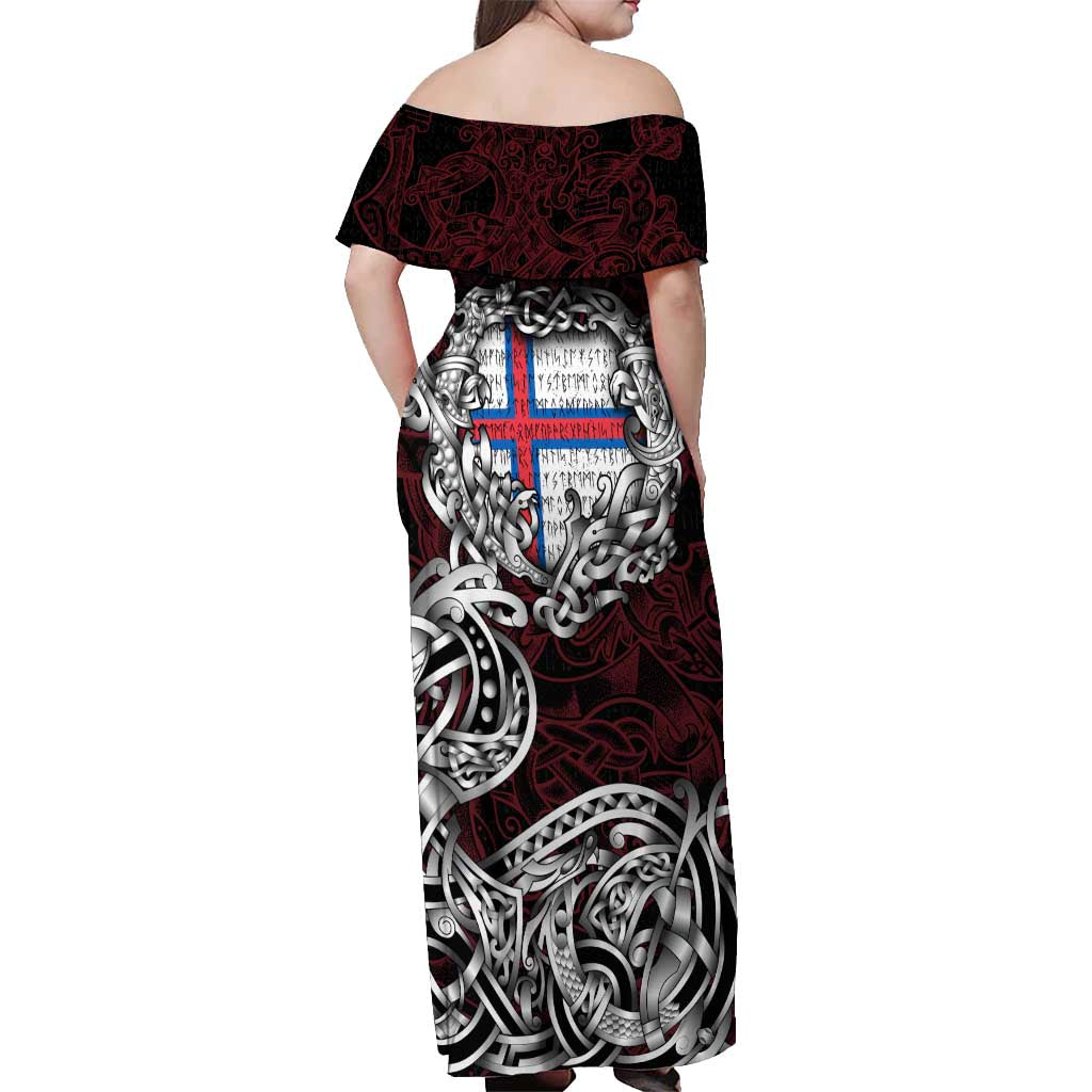 Personalized Faroe Islands Viking Blood Off Shoulder Maxi Dress Nordic Runes and Shield of Ancestry in Tribal Knotwork