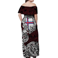 Personalized Faroe Islands Viking Blood Off Shoulder Maxi Dress Nordic Runes and Shield of Ancestry in Tribal Knotwork