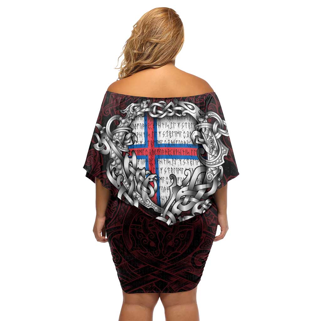 Personalized Faroe Islands Viking Blood Off Shoulder Short Dress Nordic Runes and Shield of Ancestry in Tribal Knotwork