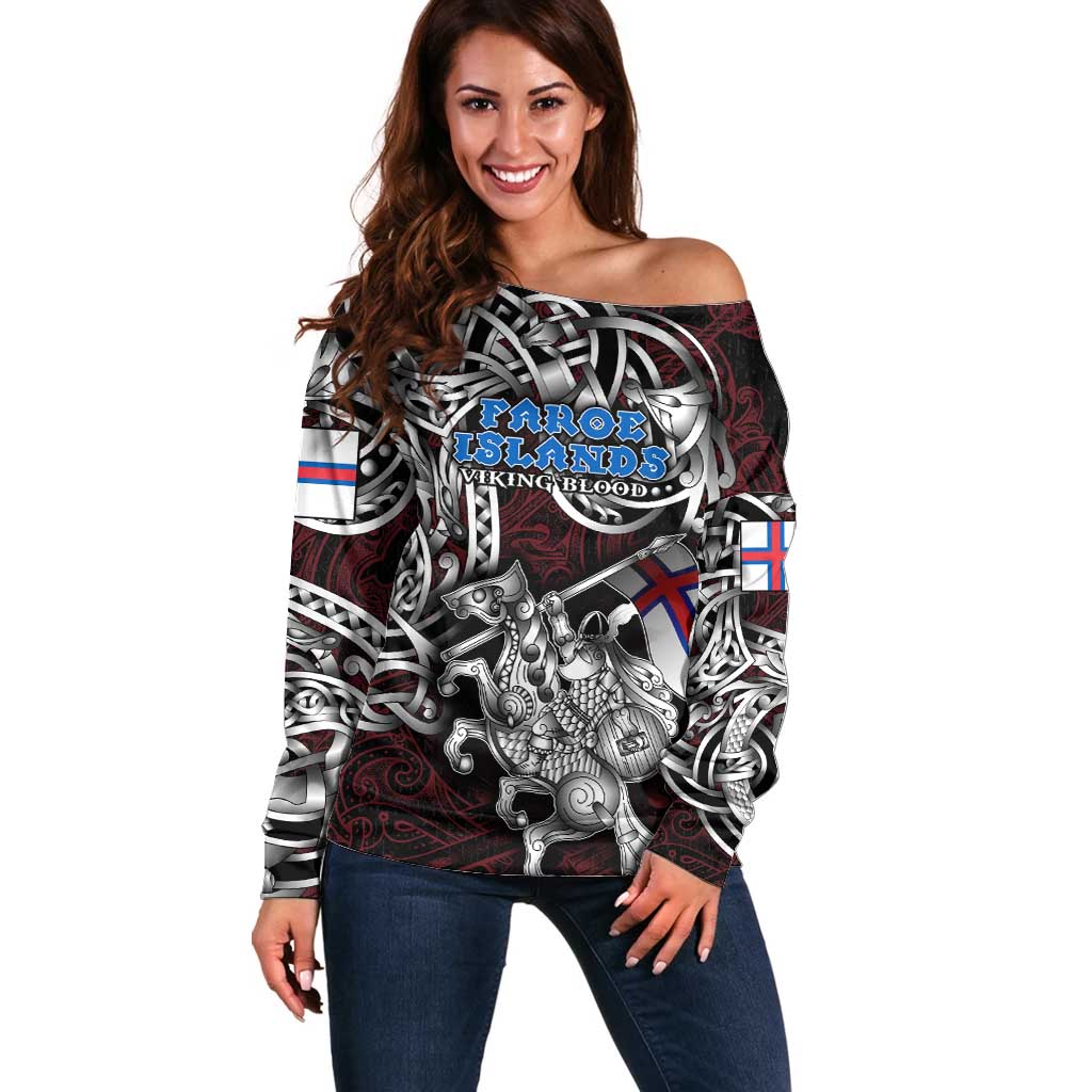 Personalized Faroe Islands Viking Blood Off Shoulder Sweater Nordic Runes and Shield of Ancestry in Tribal Knotwork