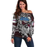 Personalized Faroe Islands Viking Blood Off Shoulder Sweater Nordic Runes and Shield of Ancestry in Tribal Knotwork