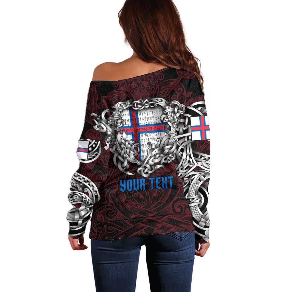 Personalized Faroe Islands Viking Blood Off Shoulder Sweater Nordic Runes and Shield of Ancestry in Tribal Knotwork
