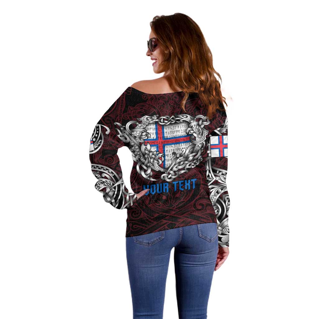 Personalized Faroe Islands Viking Blood Off Shoulder Sweater Nordic Runes and Shield of Ancestry in Tribal Knotwork