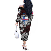 Personalized Faroe Islands Viking Blood Off The Shoulder Long Sleeve Dress Nordic Runes and Shield of Ancestry in Tribal Knotwork