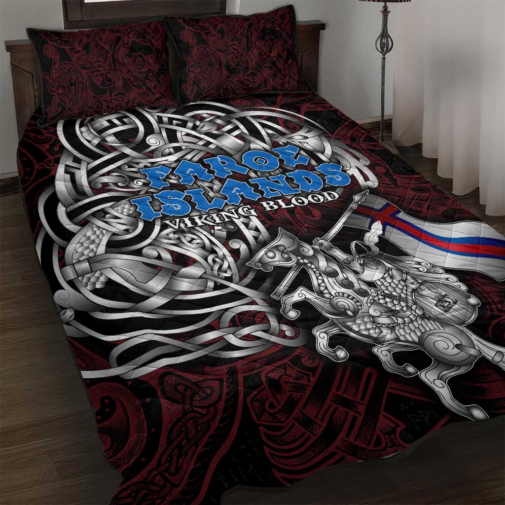 Faroe Islands Viking Blood Quilt Bed Set Nordic Runes and Shield of Ancestry in Tribal Knotwork