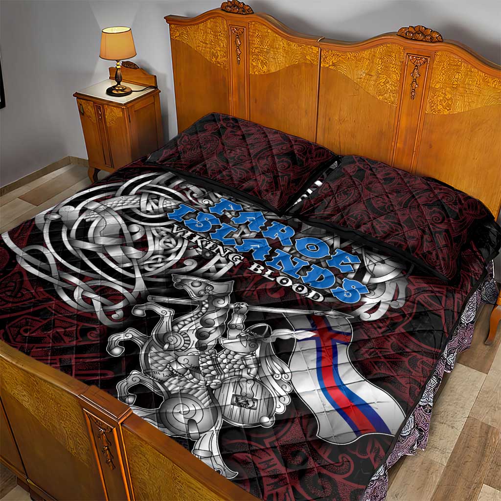 Faroe Islands Viking Blood Quilt Bed Set Nordic Runes and Shield of Ancestry in Tribal Knotwork