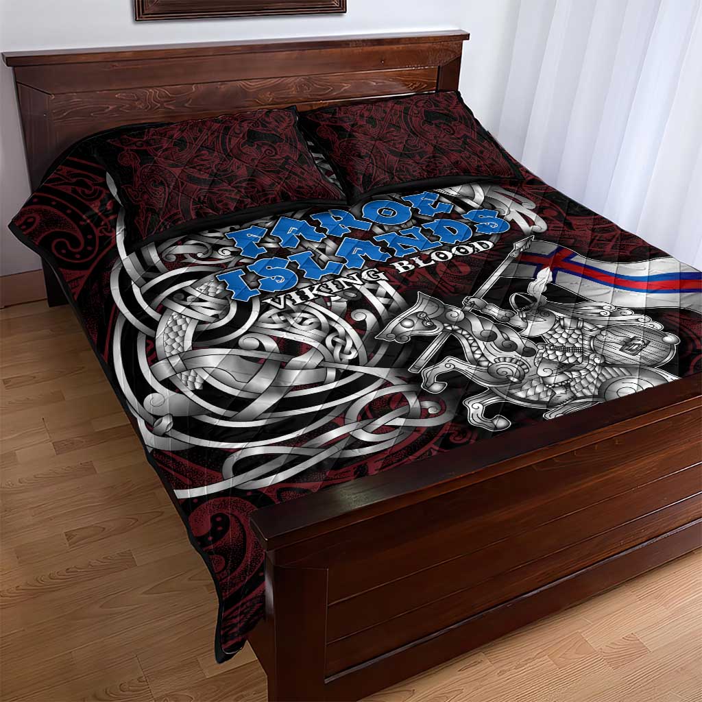 Faroe Islands Viking Blood Quilt Bed Set Nordic Runes and Shield of Ancestry in Tribal Knotwork