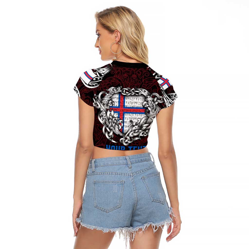 Personalized Faroe Islands Viking Blood Raglan Cropped T Shirt Nordic Runes and Shield of Ancestry in Tribal Knotwork