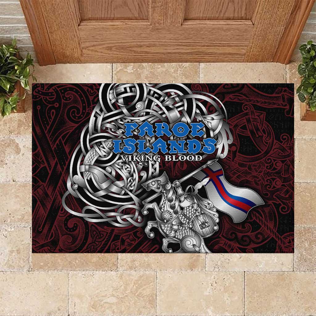 Faroe Islands Viking Blood Rubber Doormat Nordic Runes and Shield of Ancestry in Tribal Knotwork