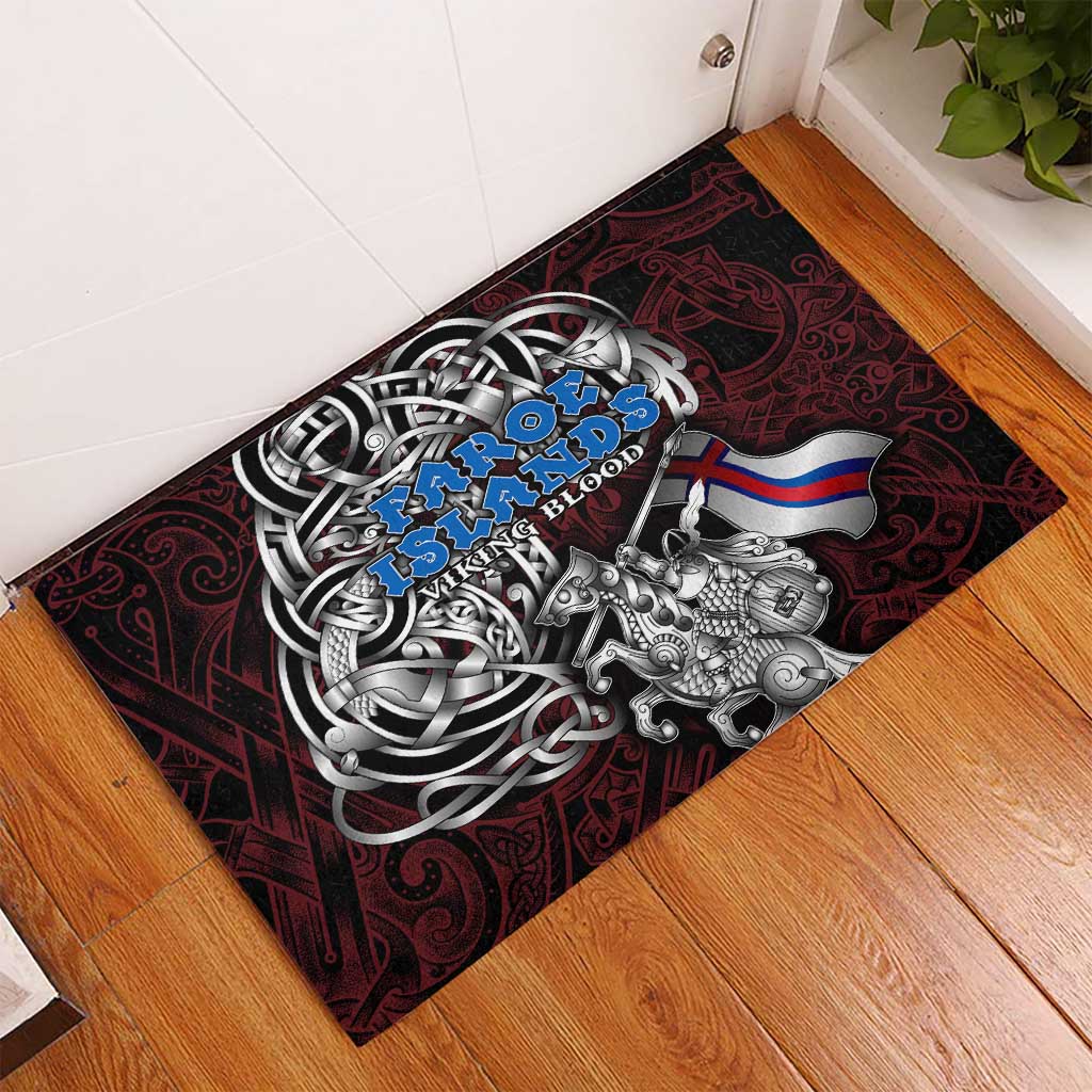 Faroe Islands Viking Blood Rubber Doormat Nordic Runes and Shield of Ancestry in Tribal Knotwork