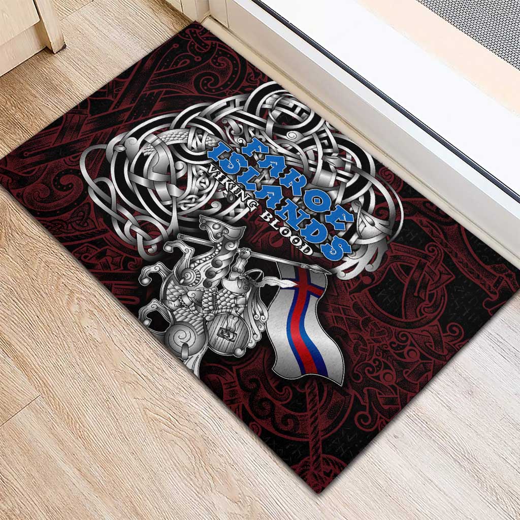 Faroe Islands Viking Blood Rubber Doormat Nordic Runes and Shield of Ancestry in Tribal Knotwork