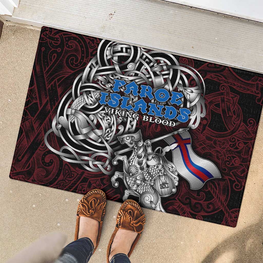 Faroe Islands Viking Blood Rubber Doormat Nordic Runes and Shield of Ancestry in Tribal Knotwork