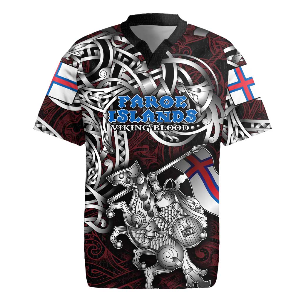 Personalized Faroe Islands Viking Blood Rugby Jersey Nordic Runes and Shield of Ancestry in Tribal Knotwork