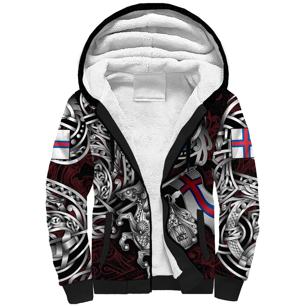 Personalized Faroe Islands Viking Blood Sherpa Hoodie Nordic Runes and Shield of Ancestry in Tribal Knotwork