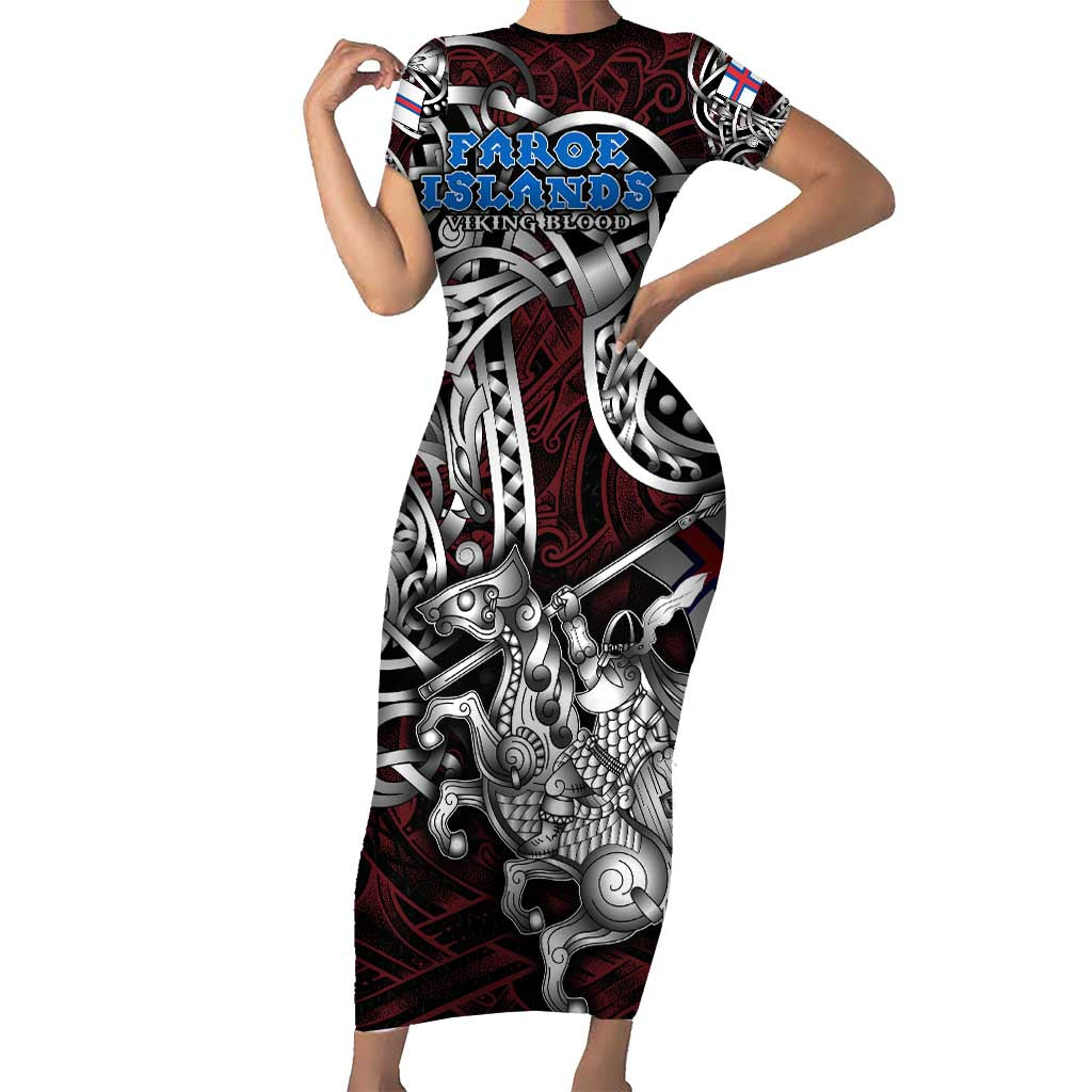 Personalized Faroe Islands Viking Blood Short Sleeve Bodycon Dress Nordic Runes and Shield of Ancestry in Tribal Knotwork