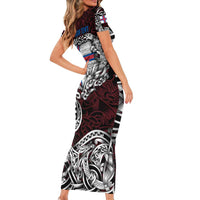 Personalized Faroe Islands Viking Blood Short Sleeve Bodycon Dress Nordic Runes and Shield of Ancestry in Tribal Knotwork