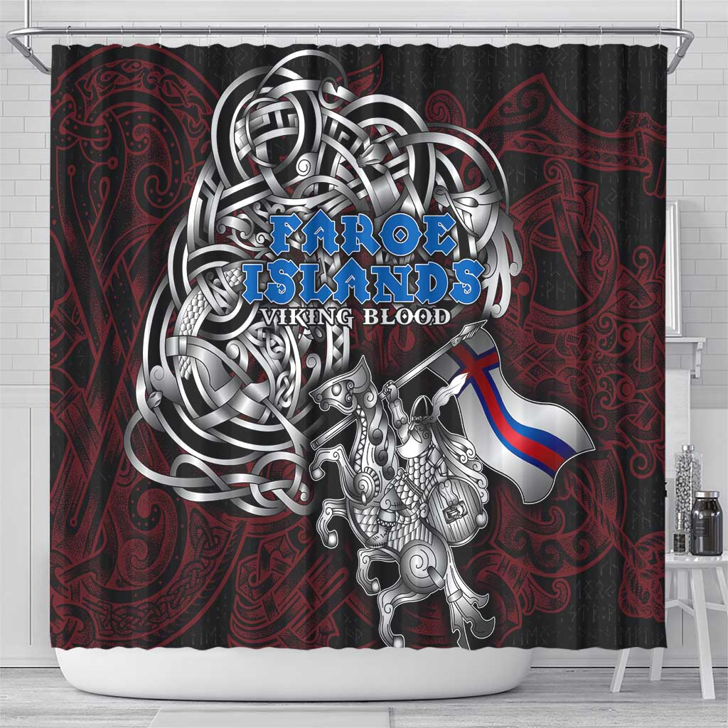 Faroe Islands Viking Blood Shower Curtain Nordic Runes and Shield of Ancestry in Tribal Knotwork