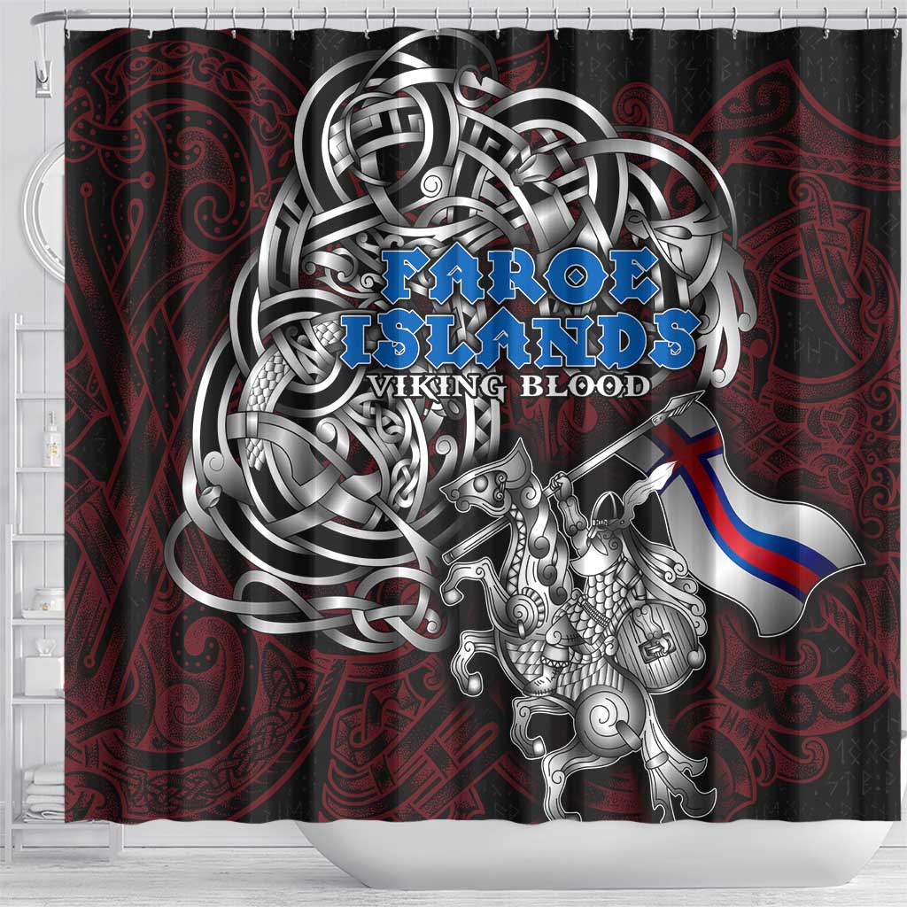 Faroe Islands Viking Blood Shower Curtain Nordic Runes and Shield of Ancestry in Tribal Knotwork