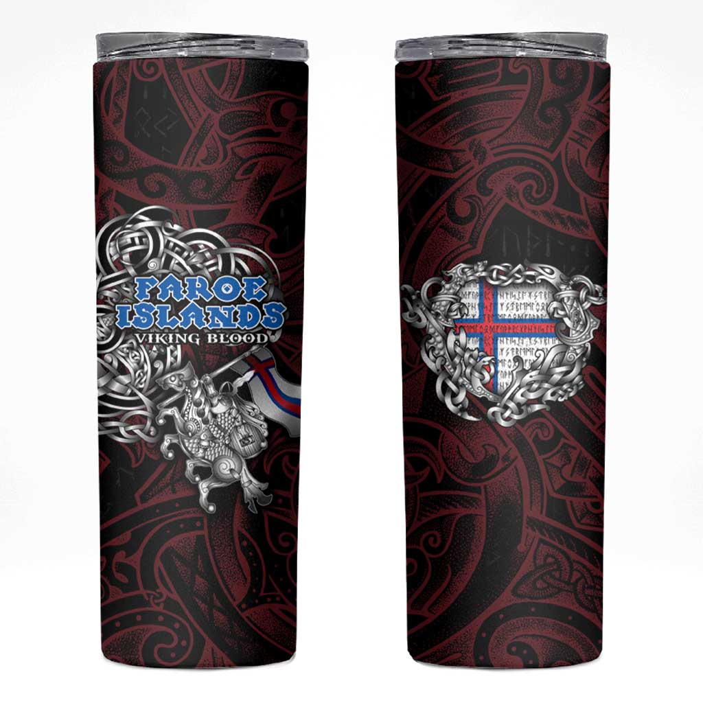 Faroe Islands Viking Blood Skinny Tumbler Nordic Runes and Shield of Ancestry in Tribal Knotwork
