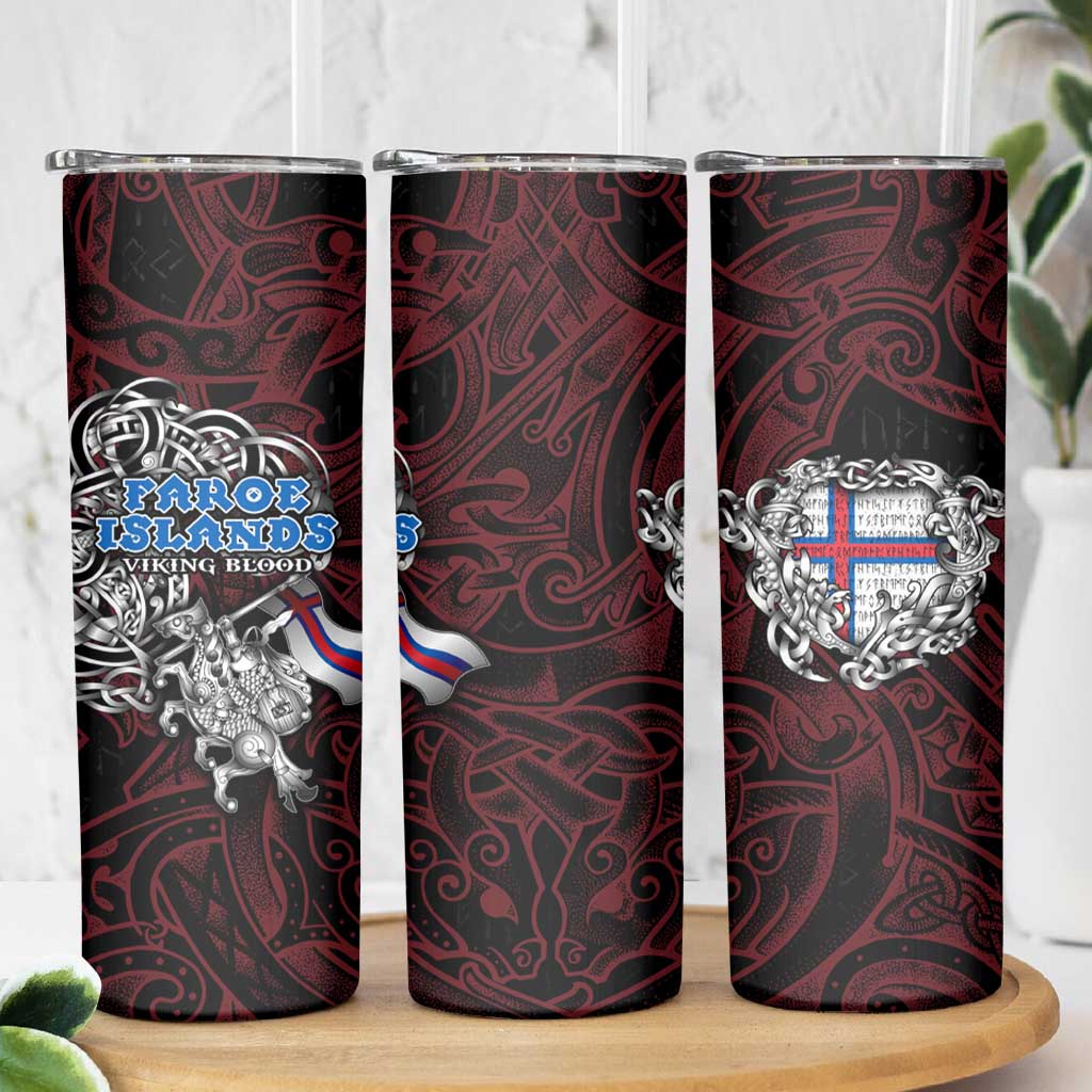 Faroe Islands Viking Blood Skinny Tumbler Nordic Runes and Shield of Ancestry in Tribal Knotwork