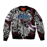 Personalized Faroe Islands Viking Blood Sleeve Zip Bomber Jacket Nordic Runes and Shield of Ancestry in Tribal Knotwork