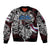 Personalized Faroe Islands Viking Blood Sleeve Zip Bomber Jacket Nordic Runes and Shield of Ancestry in Tribal Knotwork
