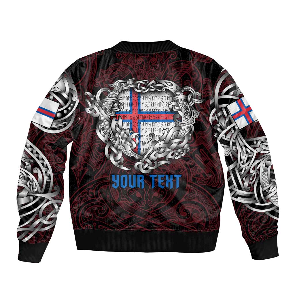 Personalized Faroe Islands Viking Blood Sleeve Zip Bomber Jacket Nordic Runes and Shield of Ancestry in Tribal Knotwork
