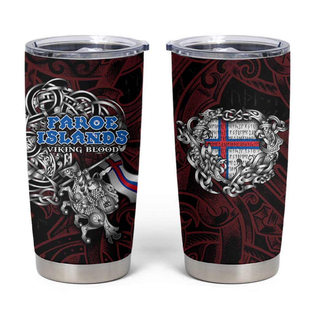 Faroe Islands Viking Blood Tumbler Cup Nordic Runes and Shield of Ancestry in Tribal Knotwork