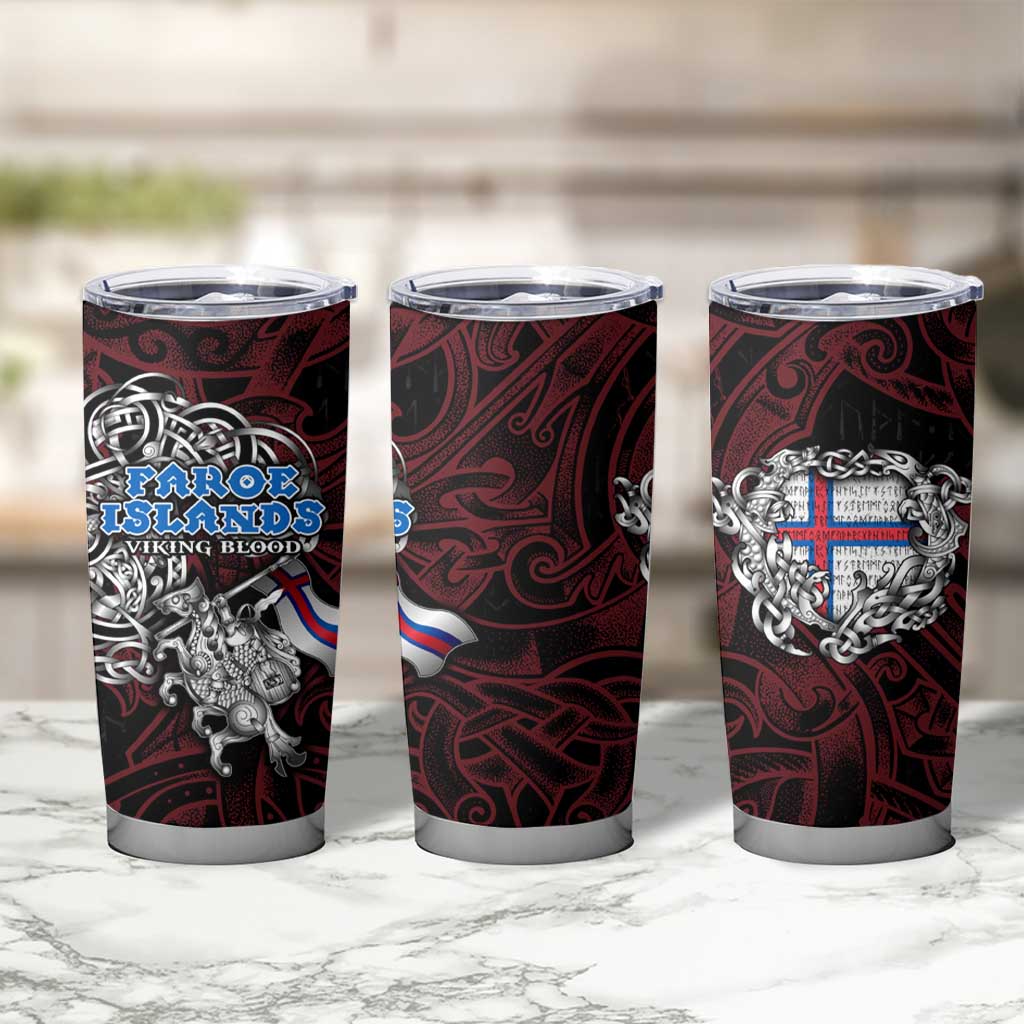 Faroe Islands Viking Blood Tumbler Cup Nordic Runes and Shield of Ancestry in Tribal Knotwork