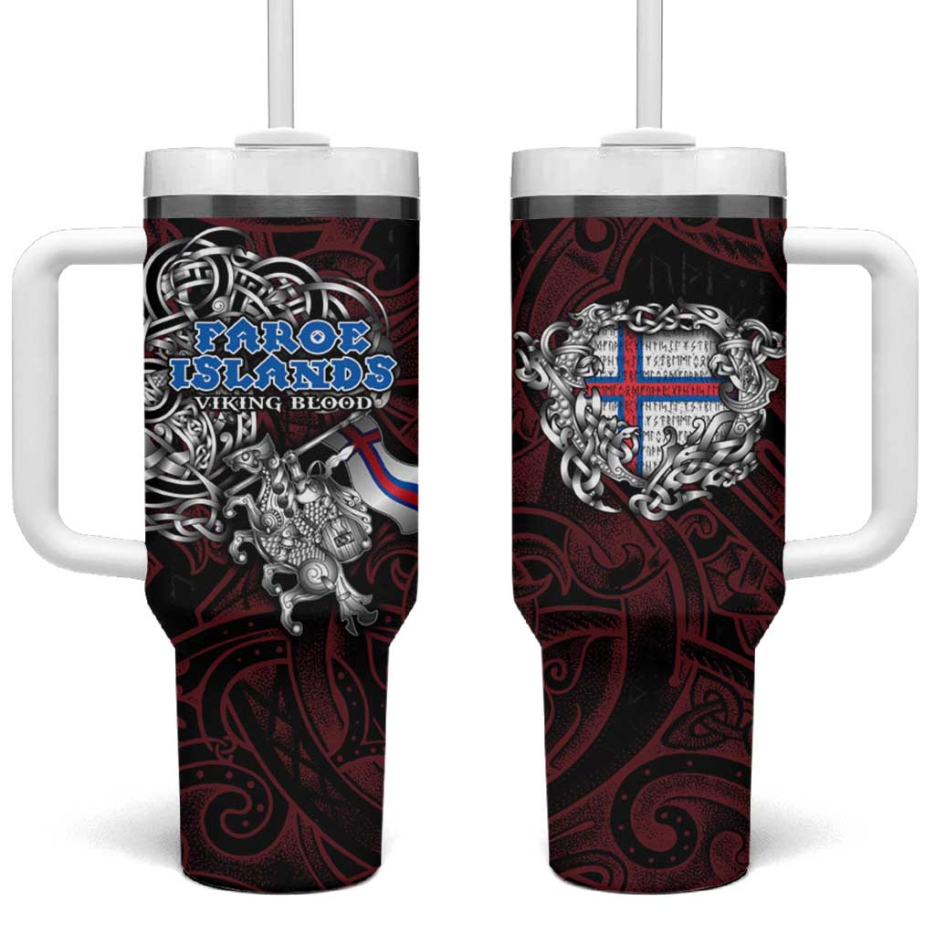 Faroe Islands Viking Blood Tumbler With Handle Nordic Runes and Shield of Ancestry in Tribal Knotwork