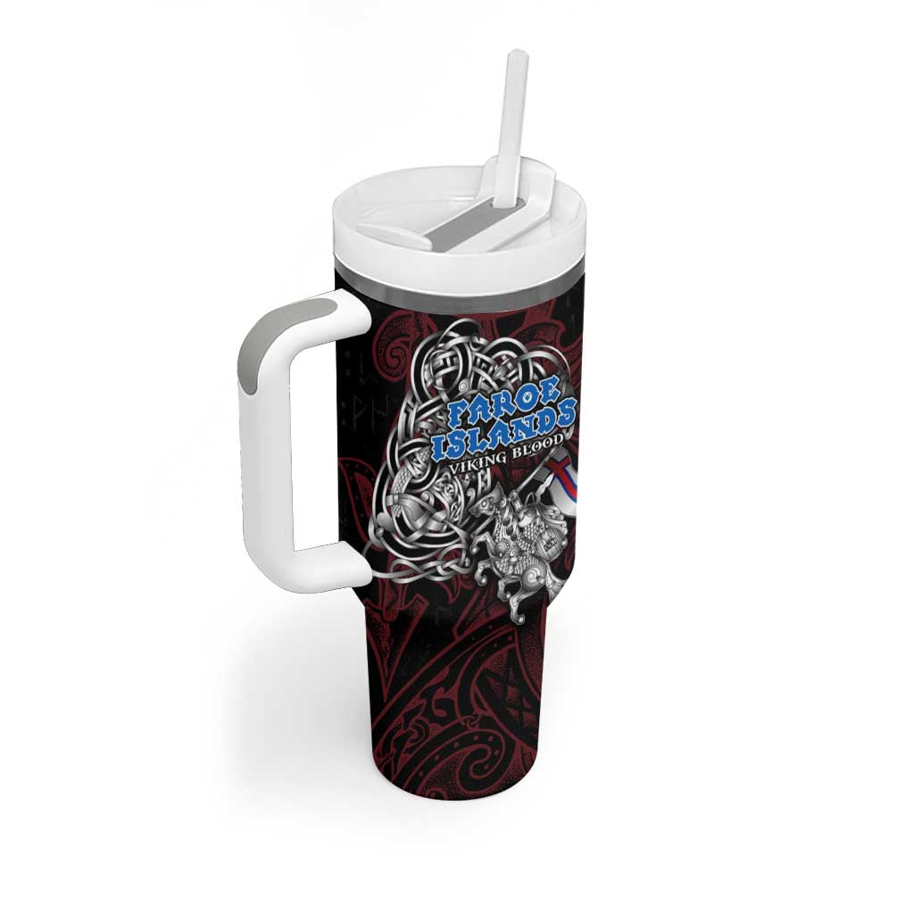 Faroe Islands Viking Blood Tumbler With Handle Nordic Runes and Shield of Ancestry in Tribal Knotwork