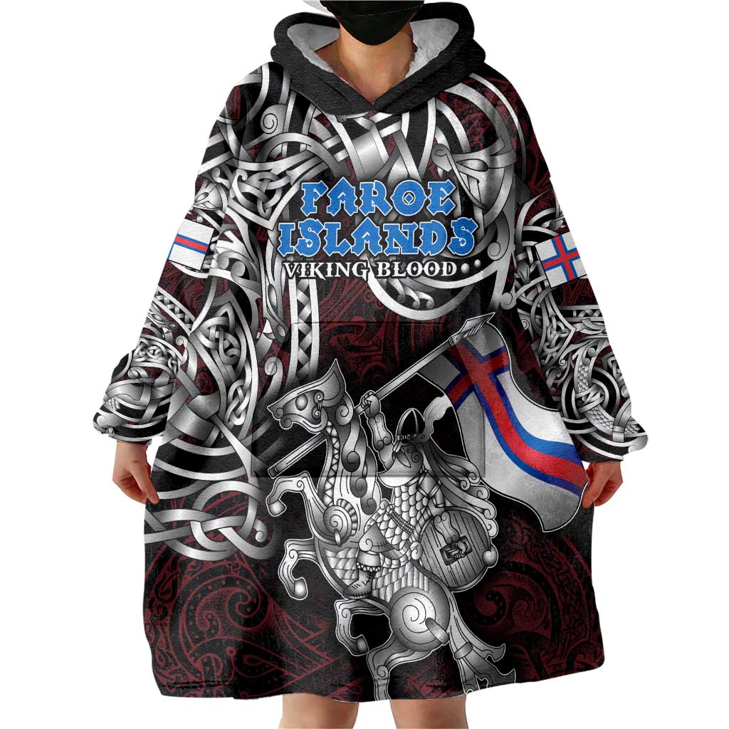 Personalized Faroe Islands Viking Blood Wearable Blanket Hoodie Nordic Runes and Shield of Ancestry in Tribal Knotwork