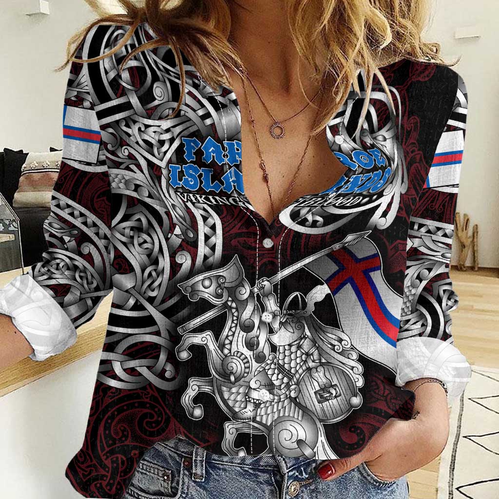 Personalized Faroe Islands Viking Blood Women Casual Shirt Nordic Runes and Shield of Ancestry in Tribal Knotwork