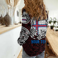Personalized Faroe Islands Viking Blood Women Casual Shirt Nordic Runes and Shield of Ancestry in Tribal Knotwork