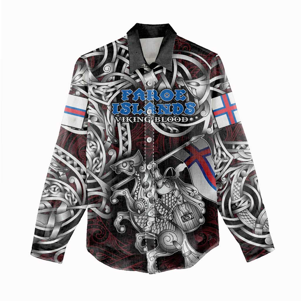 Personalized Faroe Islands Viking Blood Women Casual Shirt Nordic Runes and Shield of Ancestry in Tribal Knotwork
