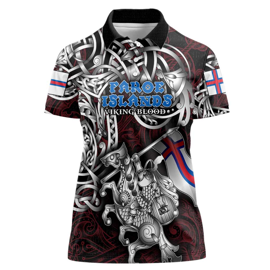 Personalized Faroe Islands Viking Blood Women Polo Shirt Nordic Runes and Shield of Ancestry in Tribal Knotwork