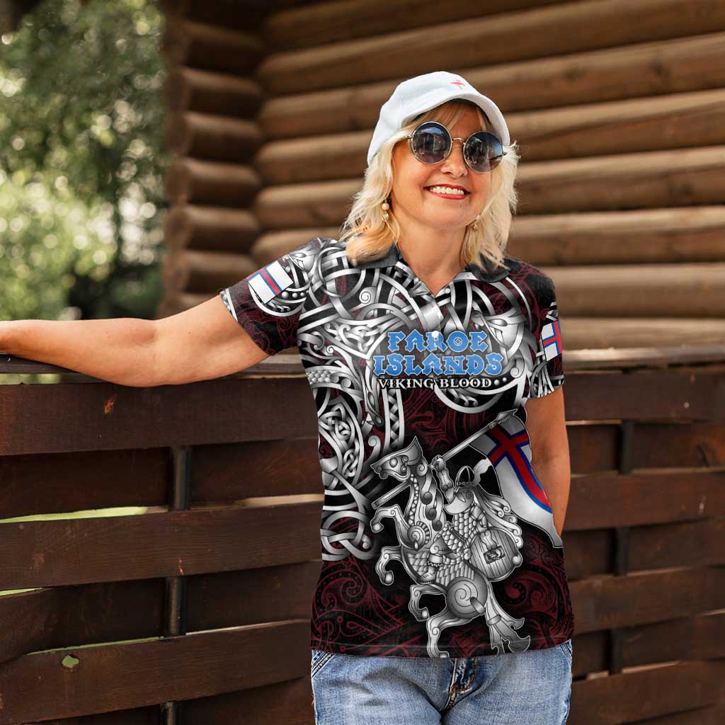 Personalized Faroe Islands Viking Blood Women Polo Shirt Nordic Runes and Shield of Ancestry in Tribal Knotwork