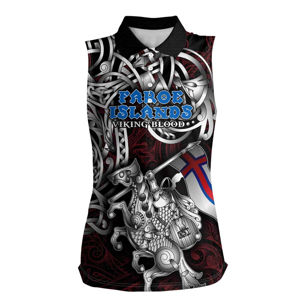 Personalized Faroe Islands Viking Blood Women Sleeveless Polo Shirt Nordic Runes and Shield of Ancestry in Tribal Knotwork